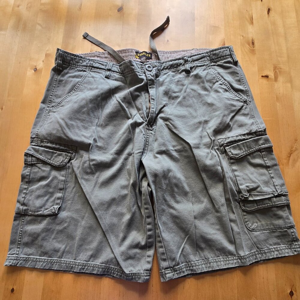 Mens Stanley Workwear Sz 40 Olive Army Green Cargo Shorts Zipper Button Cotton